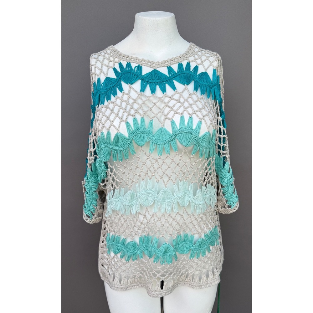 Christopher Banks Crochet Top Medium Teal Beige Boho Batwing Sleeve Beach Cover